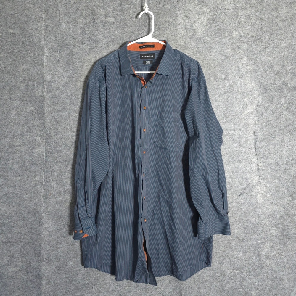 Paul Fredrick Shirt Mens 18.5x34 Blue Orange Stripe Non-Iron Cotton Classic Fit